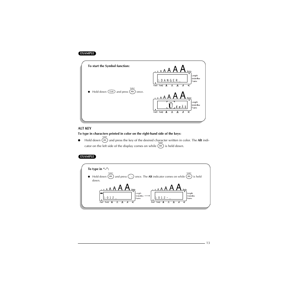 To start the symbol function, Alt key, To type in | Brother P-TOUCH 1900 User Manual | Page 17 / 66