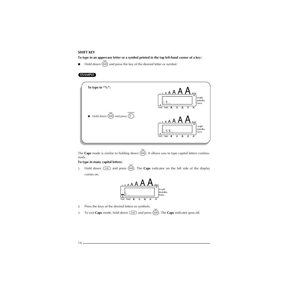 Shift key, To type in | Brother P-TOUCH 1900 User Manual | Page 18 / 66