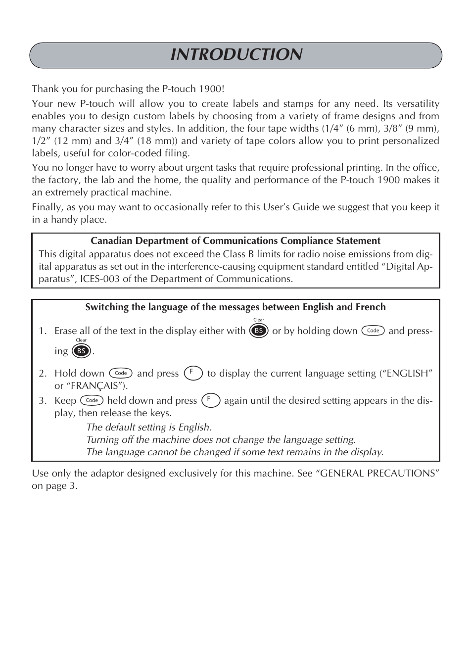 Introduction | Brother P-TOUCH 1900 User Manual | Page 2 / 66