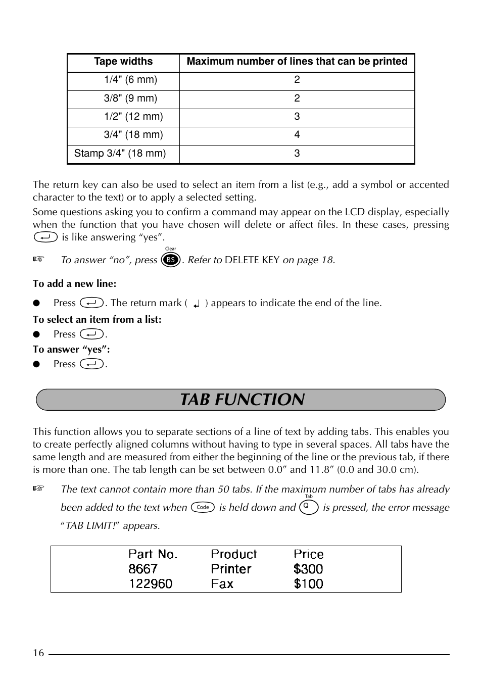 Tab function | Brother P-TOUCH 1900 User Manual | Page 20 / 66