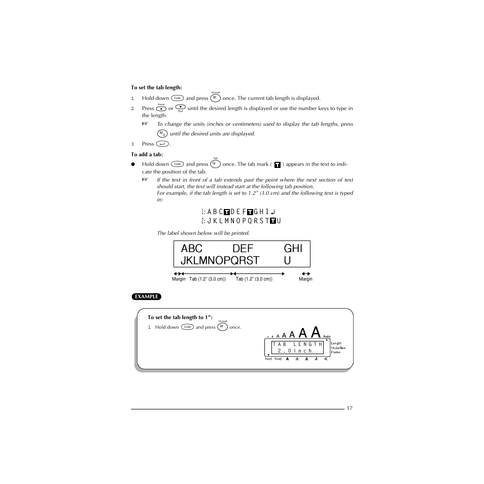To set the tab length to 1 | Brother P-TOUCH 1900 User Manual | Page 21 / 66