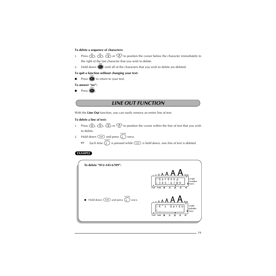 Line out function, To delete “012-345-6789 | Brother P-TOUCH 1900 User Manual | Page 23 / 66