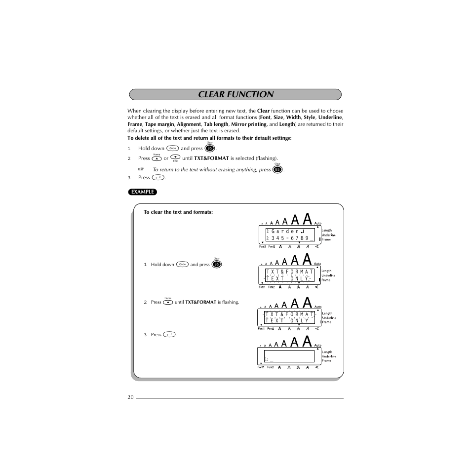 Clear function, To clear the text and formats | Brother P-TOUCH 1900 User Manual | Page 24 / 66