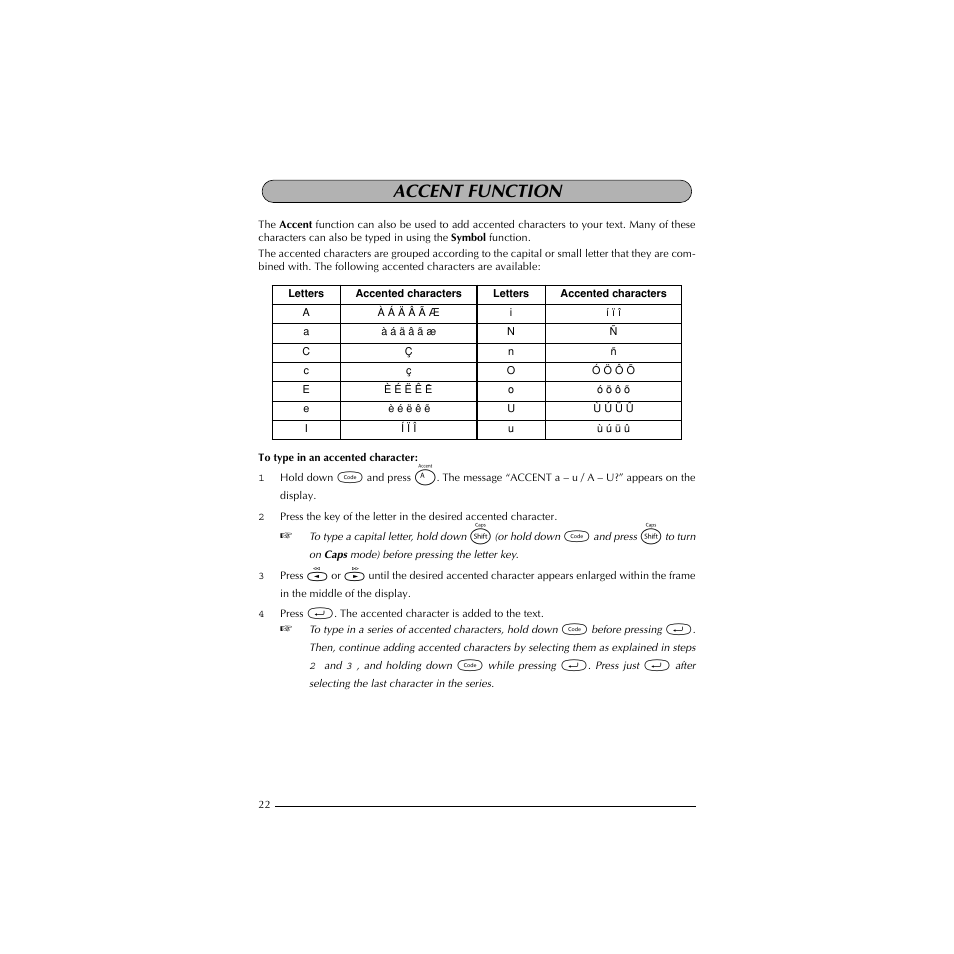 Accent function | Brother P-TOUCH 1900 User Manual | Page 26 / 66