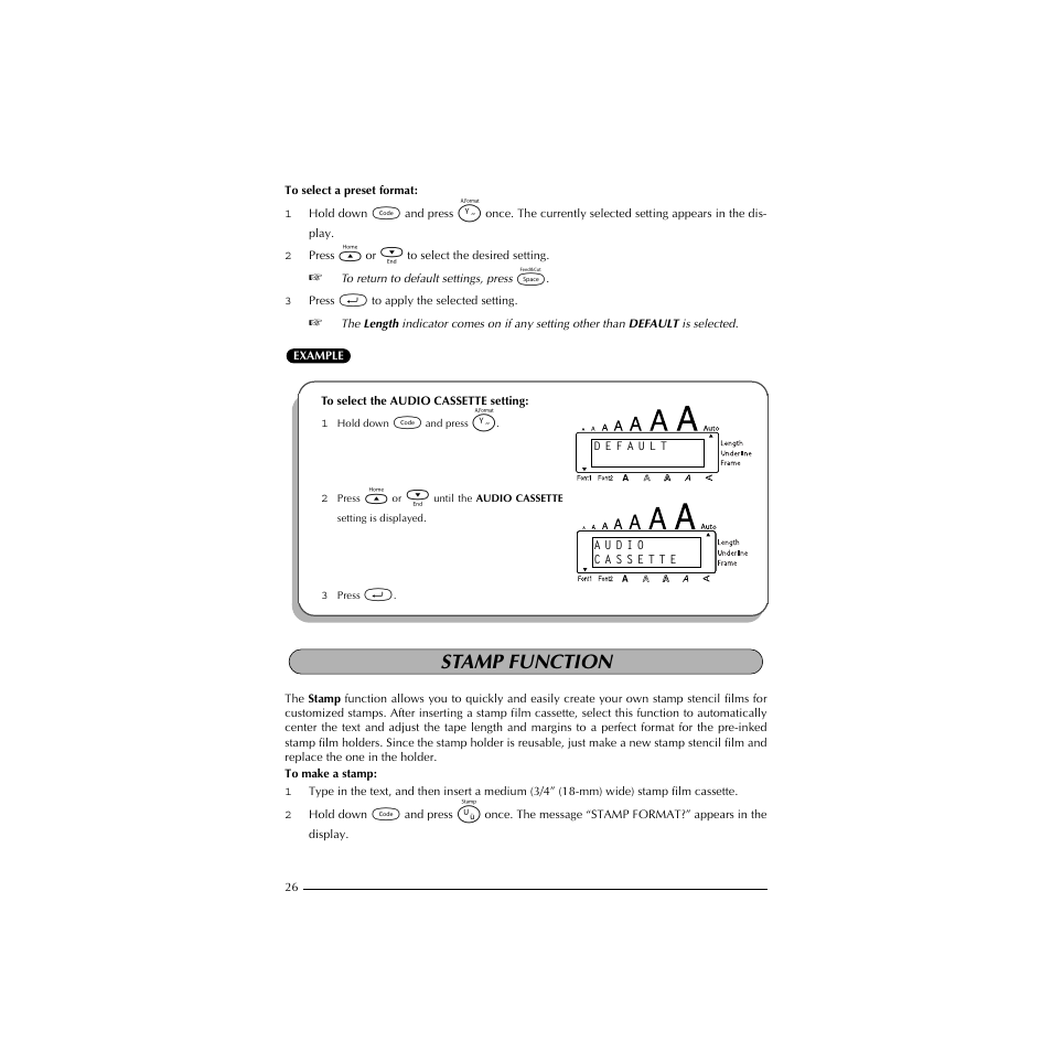 To select the audio cassette setting, Stamp function | Brother P-TOUCH 1900 User Manual | Page 30 / 66