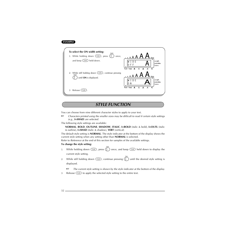 To select the on width setting, Style function | Brother P-TOUCH 1900 User Manual | Page 36 / 66