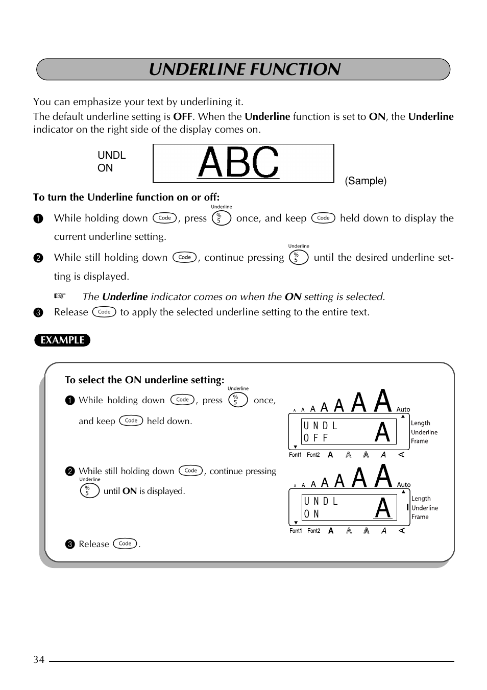 Underline function, To select the on underline setting | Brother P-TOUCH 1900 User Manual | Page 38 / 66