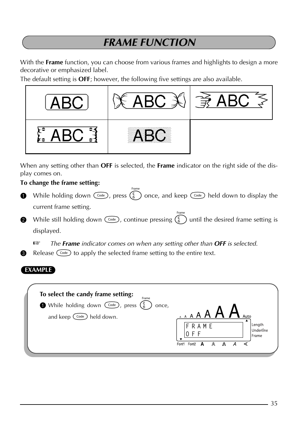 Frame function, To select the candy frame setting | Brother P-TOUCH 1900 User Manual | Page 39 / 66