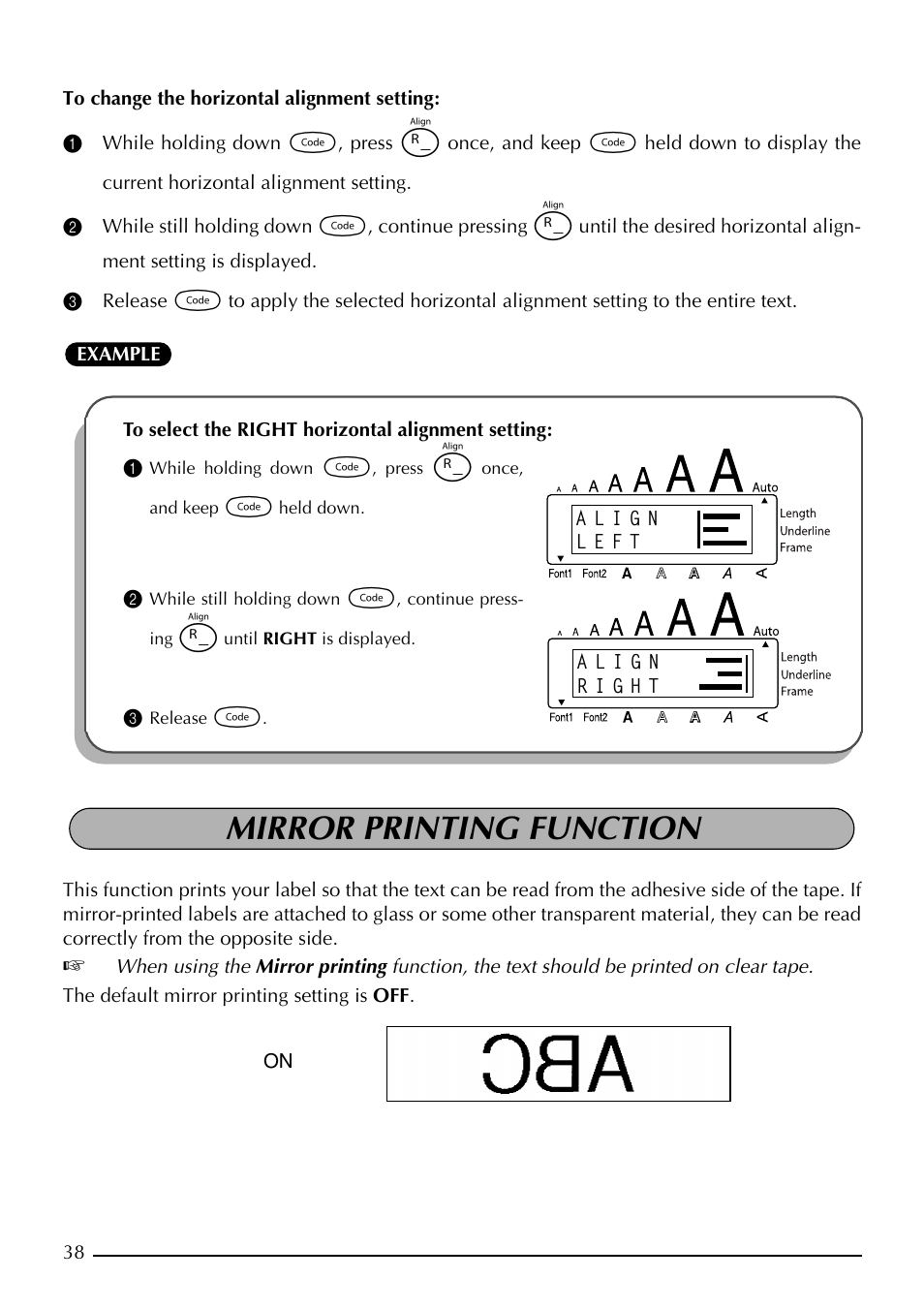 To select the right horizontal alignment setting, Mirror printing function | Brother P-TOUCH 1900 User Manual | Page 42 / 66