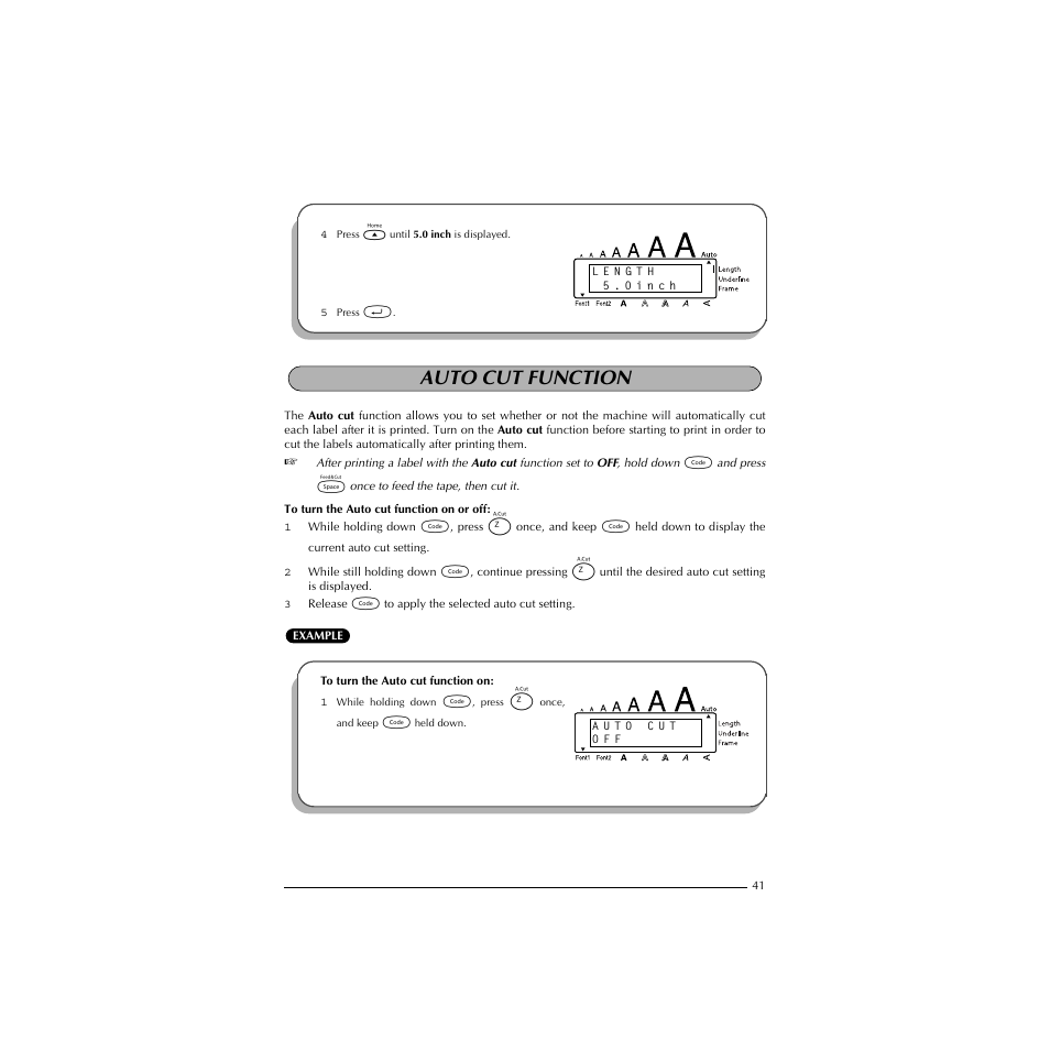 Auto cut function, To turn the auto cut function on | Brother P-TOUCH 1900 User Manual | Page 45 / 66