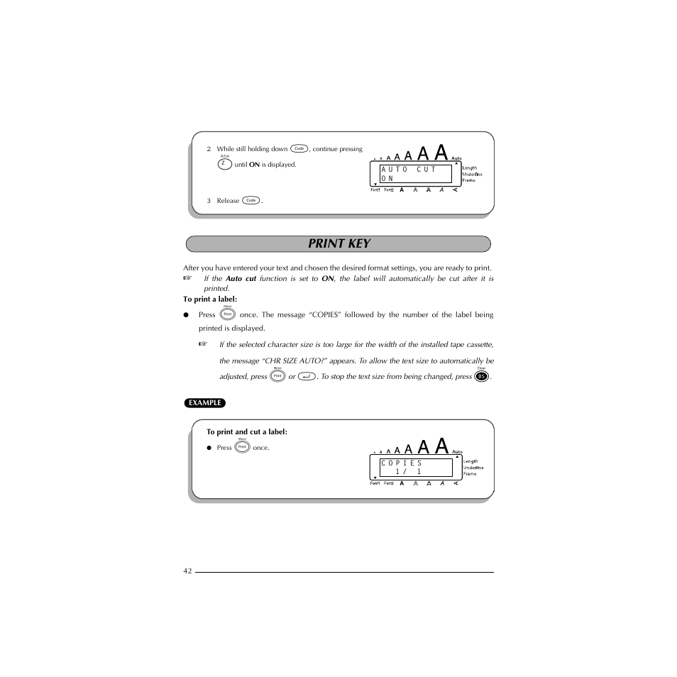 Print key, To print and cut a label | Brother P-TOUCH 1900 User Manual | Page 46 / 66