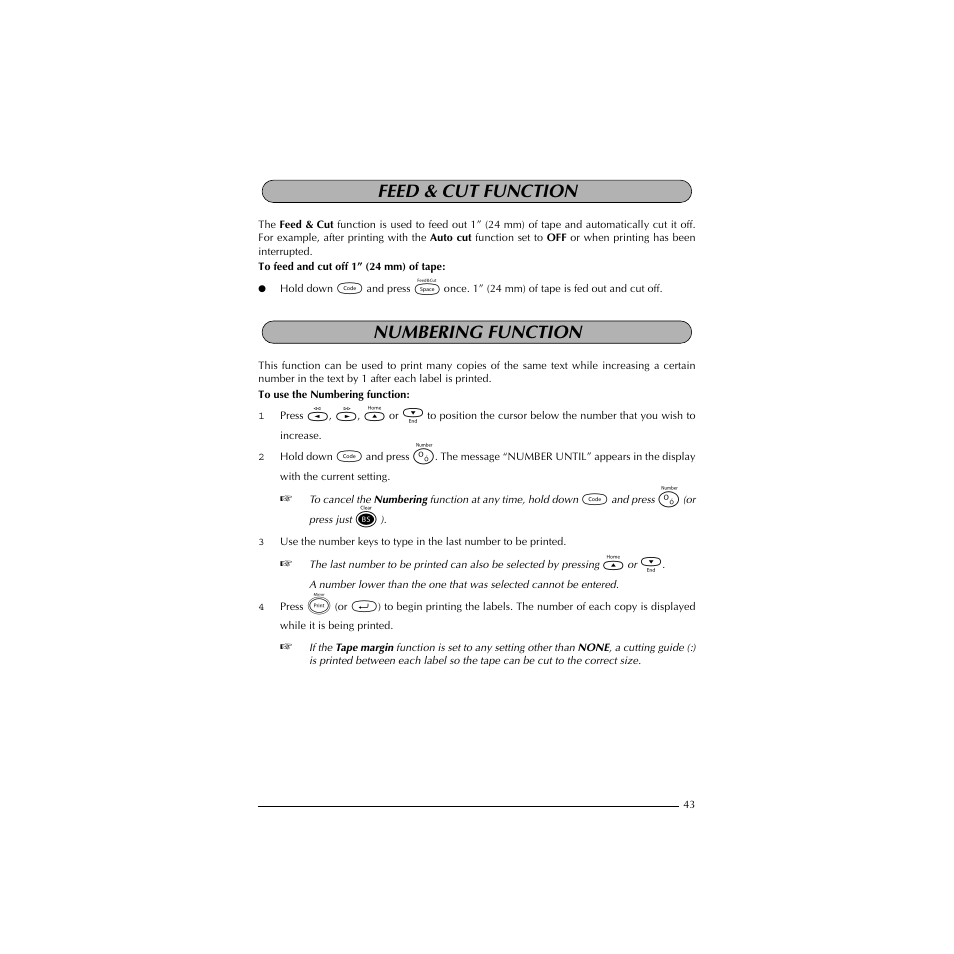 Feed & cut function, Numbering function, Feed & cut function numbering function | Brother P-TOUCH 1900 User Manual | Page 47 / 66