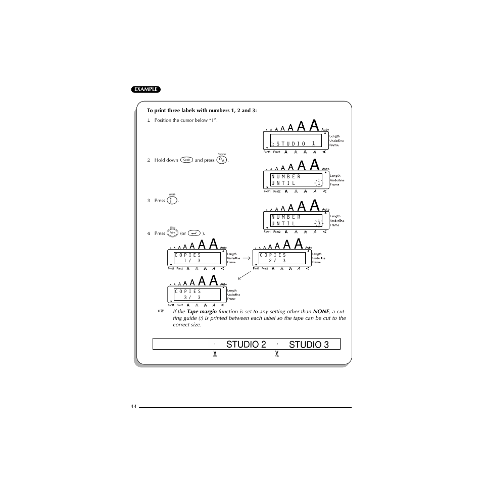 To print three labels with numbers 1, 2 and 3 | Brother P-TOUCH 1900 User Manual | Page 48 / 66