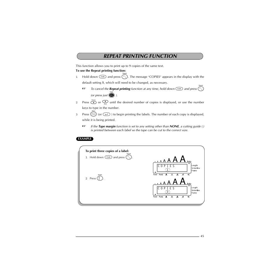 Repeat printing function, To print three copies of a label | Brother P-TOUCH 1900 User Manual | Page 49 / 66