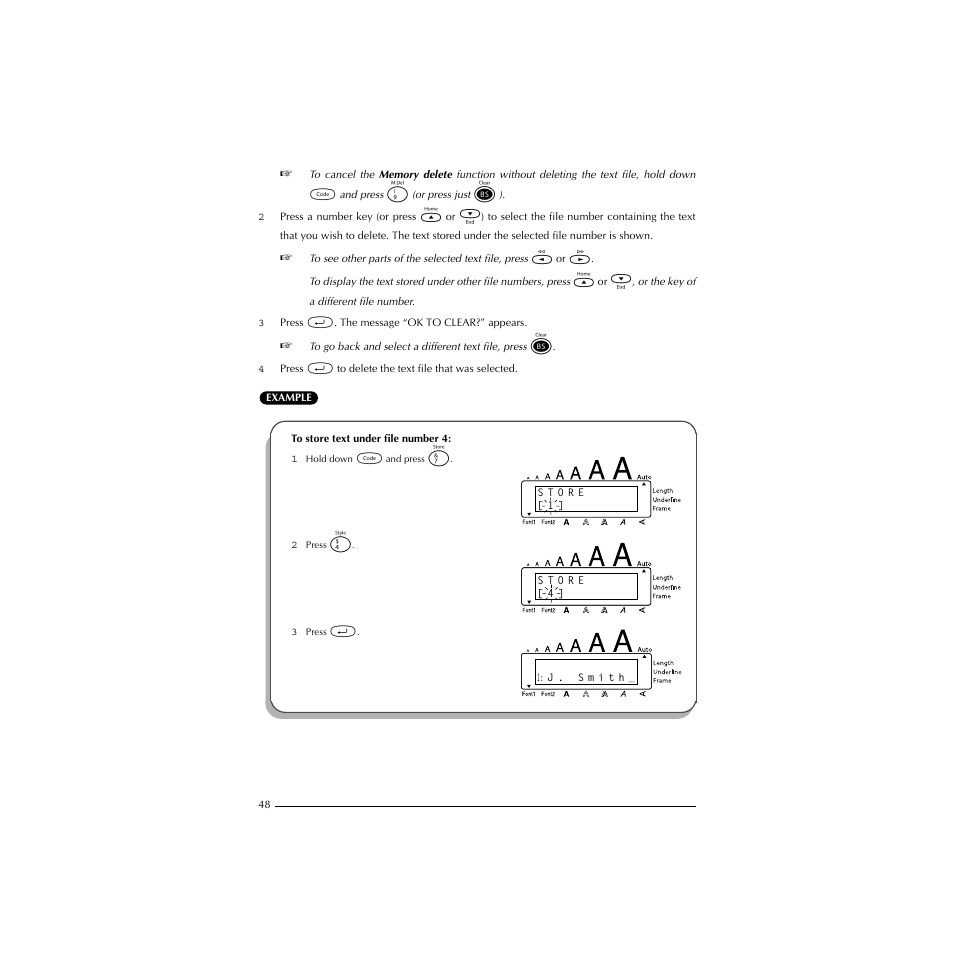 To store text under file number 4 | Brother P-TOUCH 1900 User Manual | Page 52 / 66