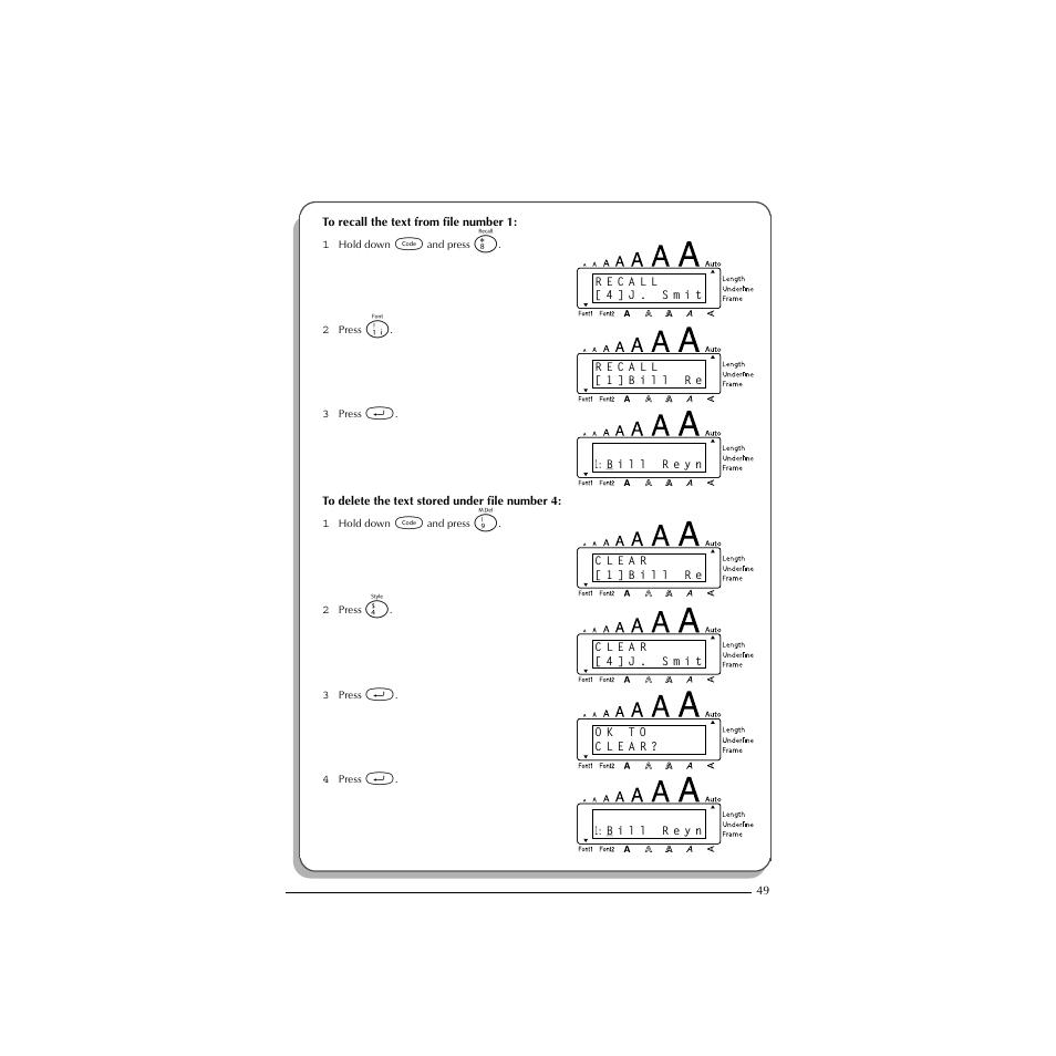 To recall the text from file number 1, To delete the text stored under file number 4 | Brother P-TOUCH 1900 User Manual | Page 53 / 66