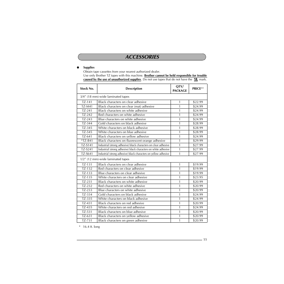 Accessories | Brother P-TOUCH 1900 User Manual | Page 59 / 66