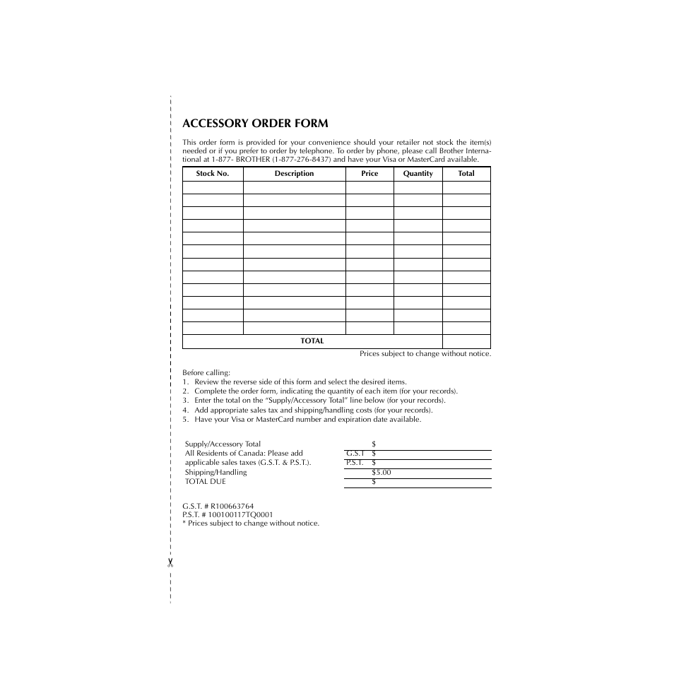 Accessory order form | Brother P-TOUCH 1900 User Manual | Page 64 / 66