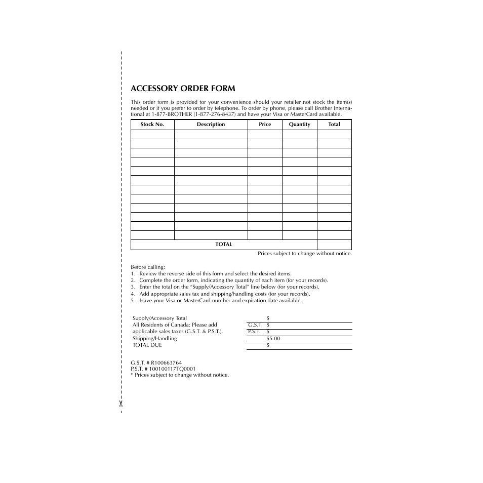 Accessory order form | Brother P-TOUCH 1900 User Manual | Page 65 / 66