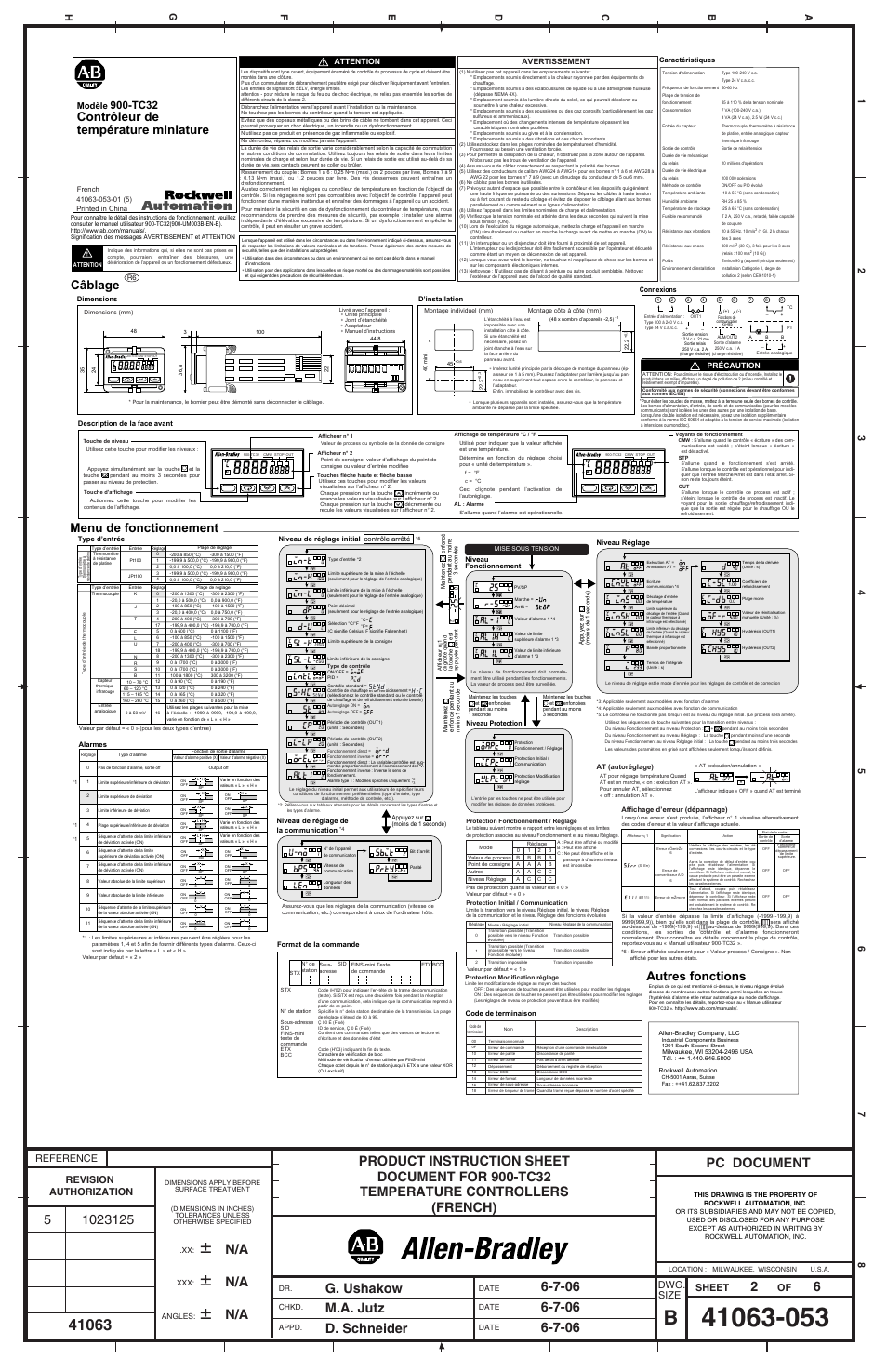 Pc document 2 6, Câblage menu de fonctionnement, Autres fonctions | Contrôleur de température miniature, Tc32, Reference sheet of dwg, Size, Modèle | Rockwell Automation 900-TC32 Miniature Temperature Controller User Manual | Page 2 / 6