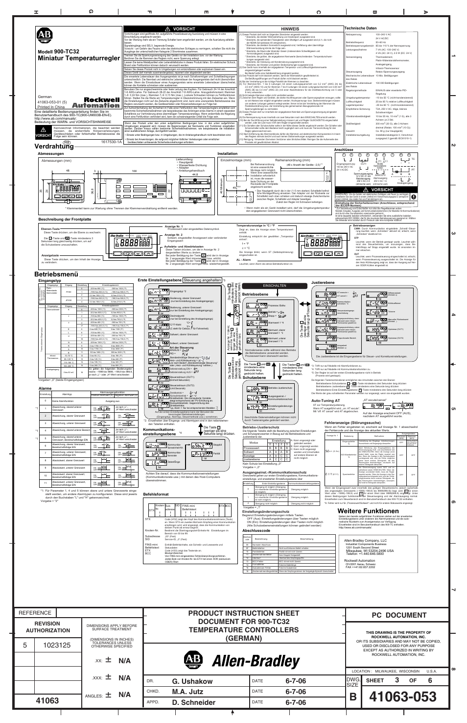 Pc document 3 6, Verdrahtung betriebsmenü, Weitere funktionen | Miniatur temperaturregler, Tc32, Reference sheet of dwg, Size, Modell | Rockwell Automation 900-TC32 Miniature Temperature Controller User Manual | Page 3 / 6