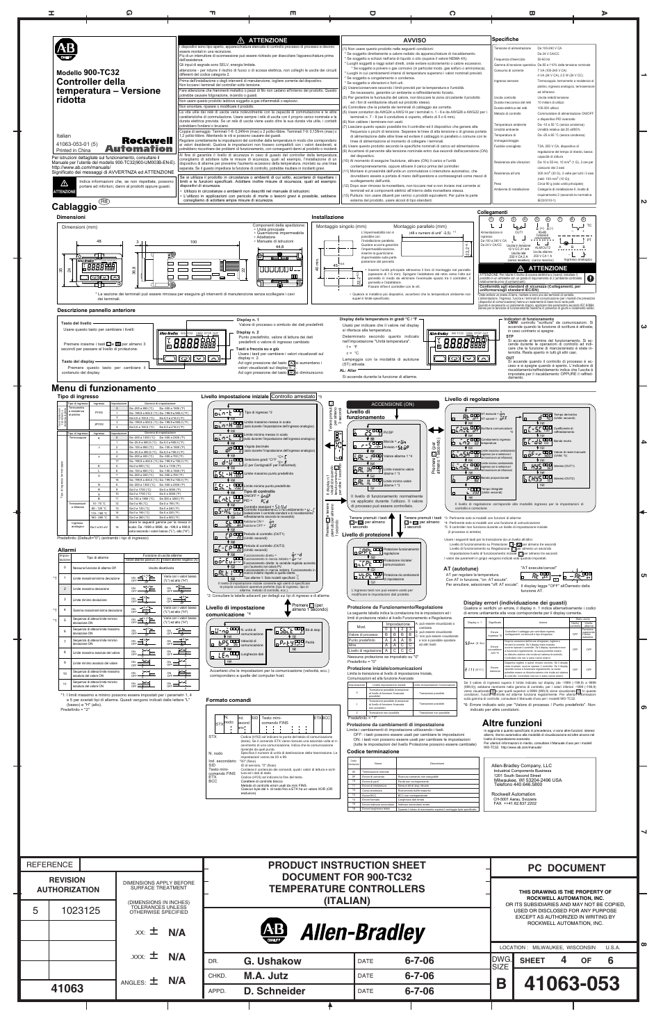 Pc document 4 6, Cablaggio menu di funzionamento, Altre funzioni | Controller della temperatura – versione ridotta, Tc32, Reference sheet of dwg, Size, Modello | Rockwell Automation 900-TC32 Miniature Temperature Controller User Manual | Page 4 / 6