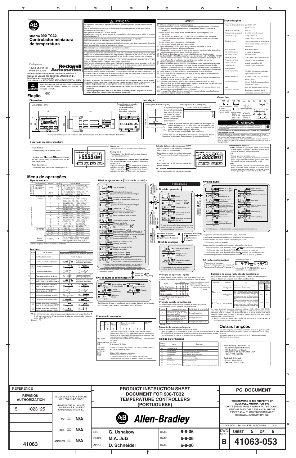Pc document 5 6, Fiação menu de operações, Outras funções | Controlador miniatura de temperatura, Tc32, Reference sheet of dwg, Size, Modelo | Rockwell Automation 900-TC32 Miniature Temperature Controller User Manual | Page 5 / 6