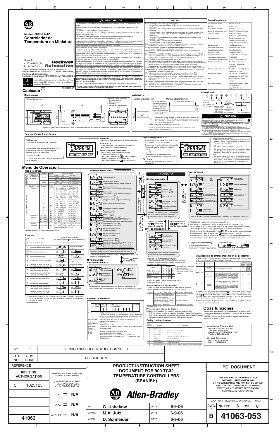 Pc document 6 6, Cableado menú de operación, Otras funciones | Controlador de temperatura en miniatura, Tc32, Reference sheet of dwg, Size, Modelo | Rockwell Automation 900-TC32 Miniature Temperature Controller User Manual | Page 6 / 6