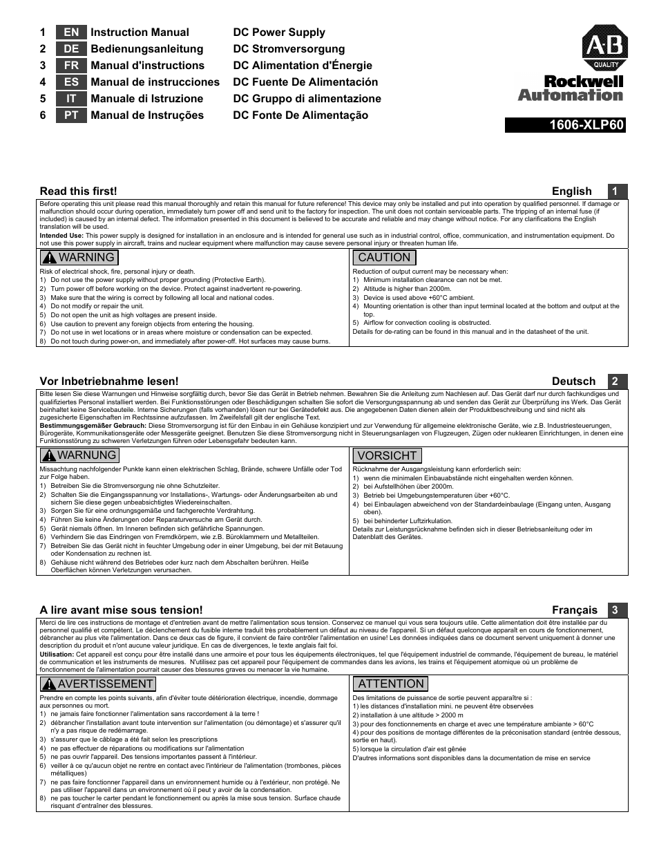 Rockwell Automation 1606-XLP60 DC Power Supply User Manual | 4 pages