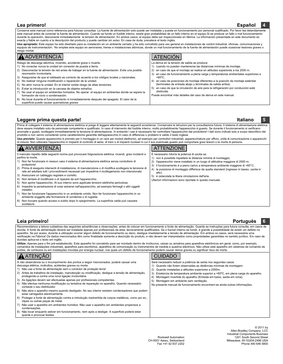Lea primero! español 4, Advertenci a, Atención | Leggere prima questa parte! italiano 5, Avvertenza, Attenzione, Leia primeiro! portuguès 6, Atenção, Cuidado | Rockwell Automation 1606-XLP60 DC Power Supply User Manual | Page 2 / 4