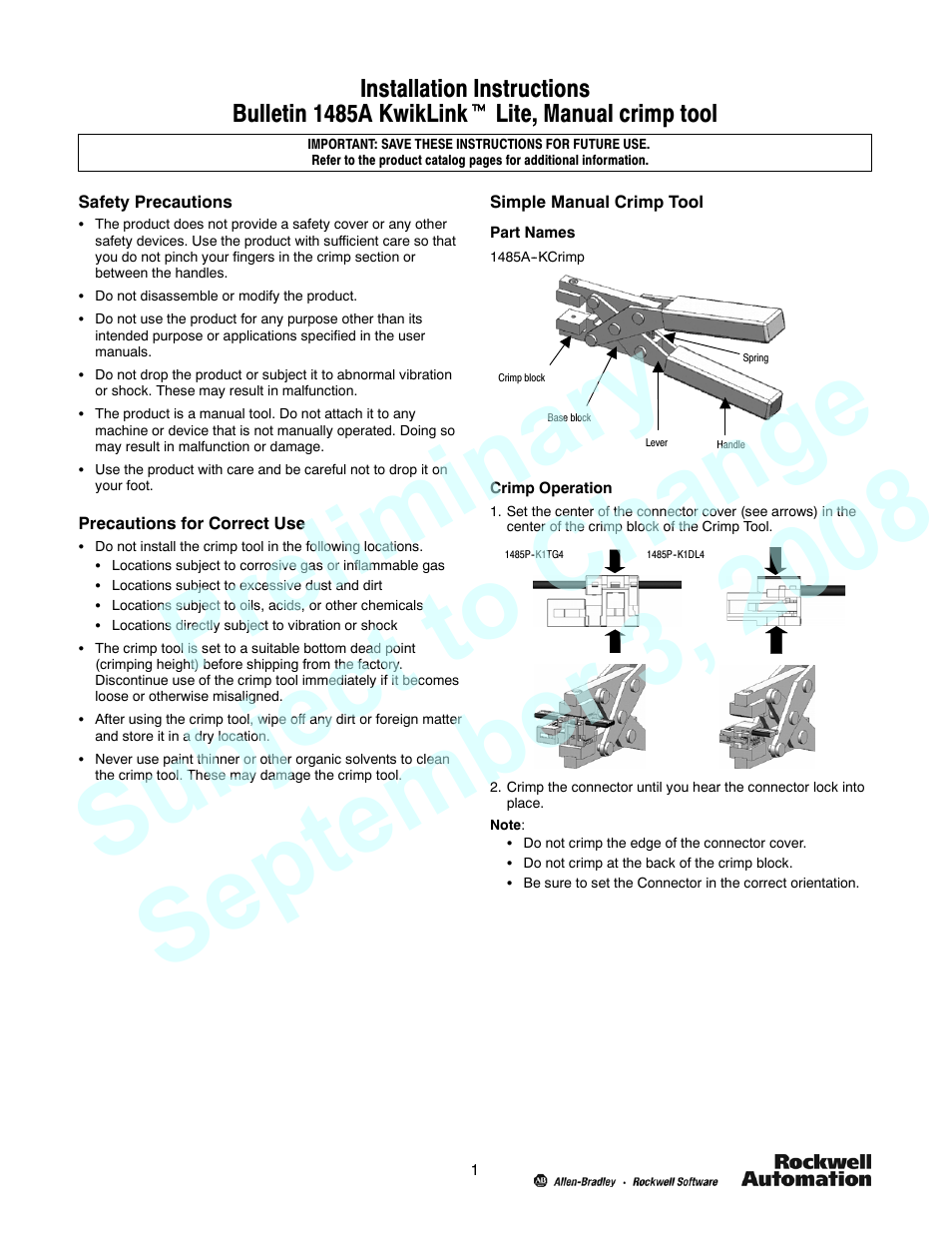 Rockwell Automation 1485A KwikLink Lite, Manual Crimp Tool User Manual | 2 pages