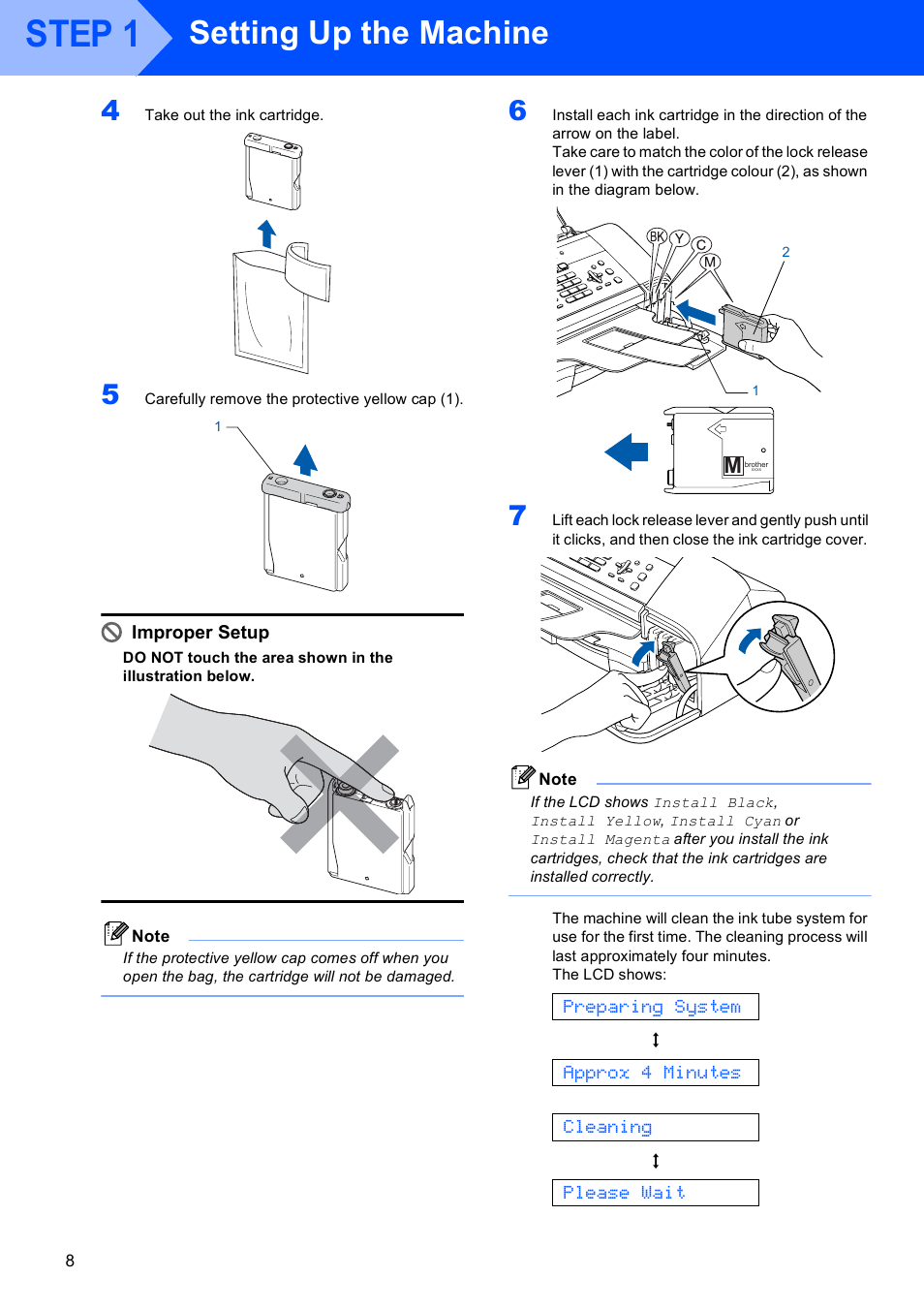 Step 1, Setting up the machine, Preparing system | Approx 4 minutes, Cleaning, Please wait, Improper setup | Brother MFC-3360C User Manual | Page 10 / 24