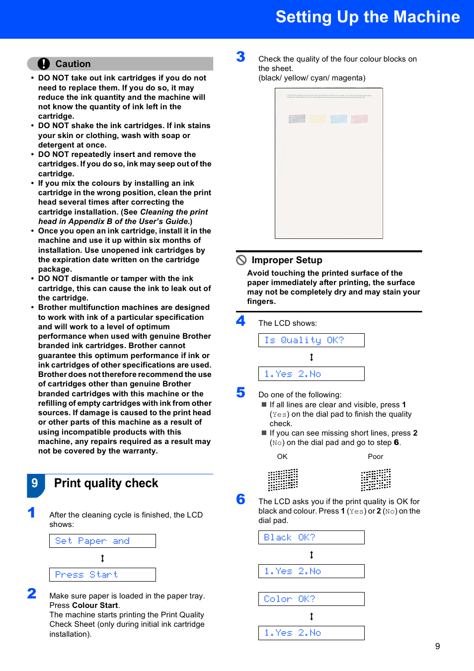 9 print quality check, Print quality check, Setting up the machine | 9print quality check, Set paper and, Press start, Is quality ok, Yes 2.no, Black ok, Color ok | Brother MFC-3360C User Manual | Page 11 / 24