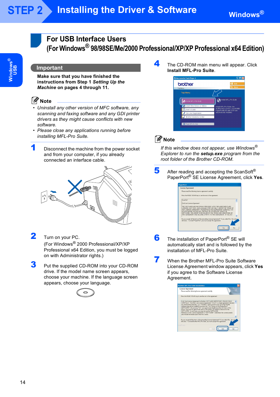 Windows, For usb interface users (for windows, For usb interface users | For windows, Step 2, Installing the driver & software, Important | Brother MFC-3360C User Manual | Page 16 / 24