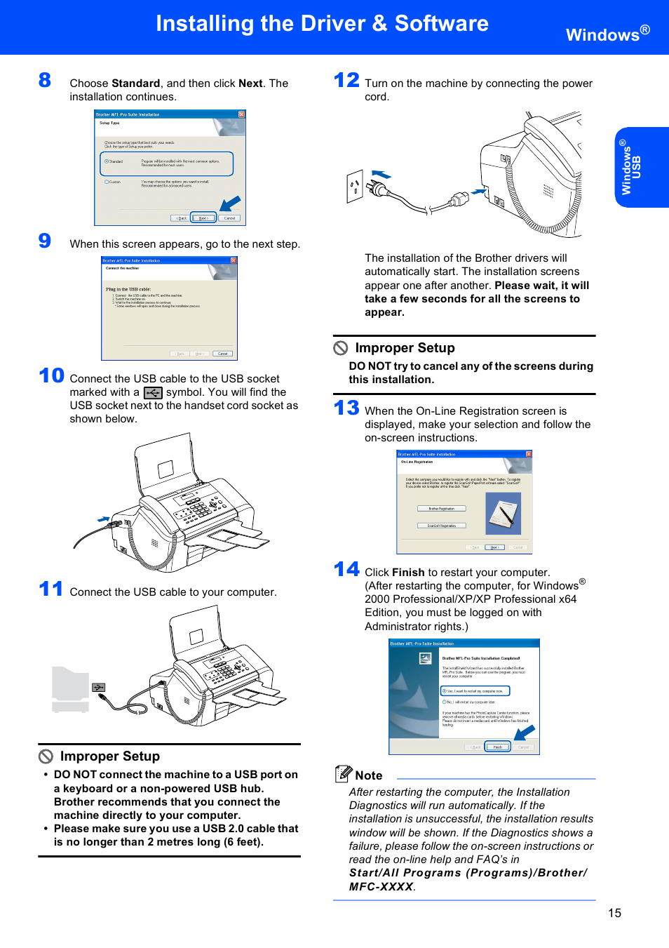 Installing the driver & software, Windows, Improper setup | Brother MFC-3360C User Manual | Page 17 / 24