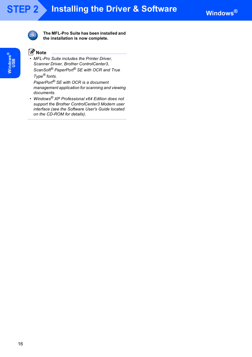 Step 2, Installing the driver & software, Windows | Brother MFC-3360C User Manual | Page 18 / 24