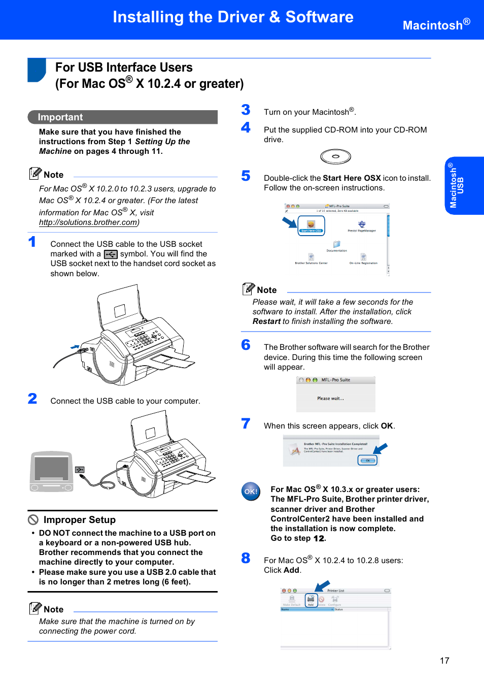 Macintosh, For usb interface users (for mac os, X 10.2.4 or greater) | For usb interface users, For mac os, Installing the driver & software, Important, Improper setup | Brother MFC-3360C User Manual | Page 19 / 24