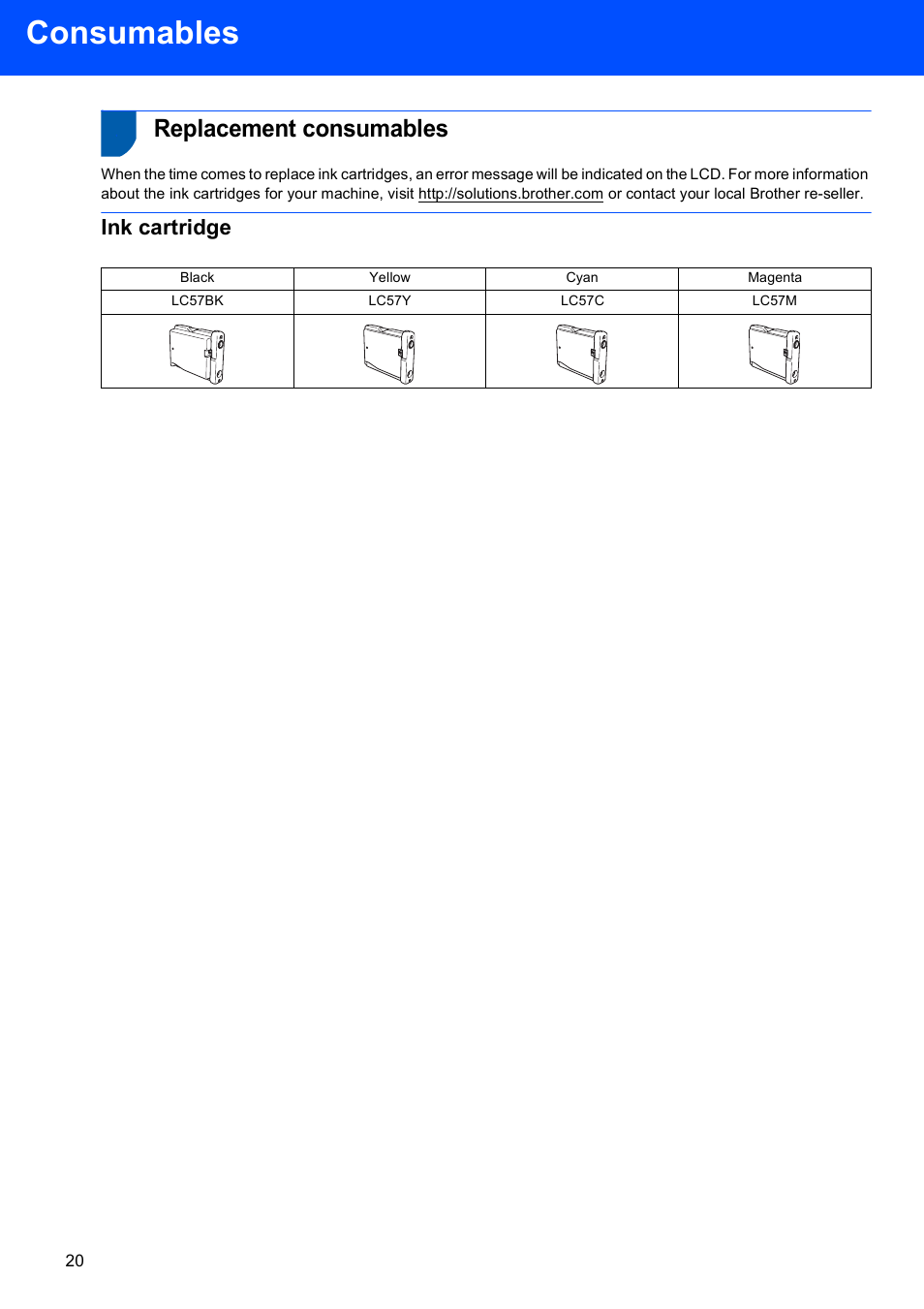Consumables, Replacement consumables, Ink cartridge | Brother MFC-3360C User Manual | Page 22 / 24