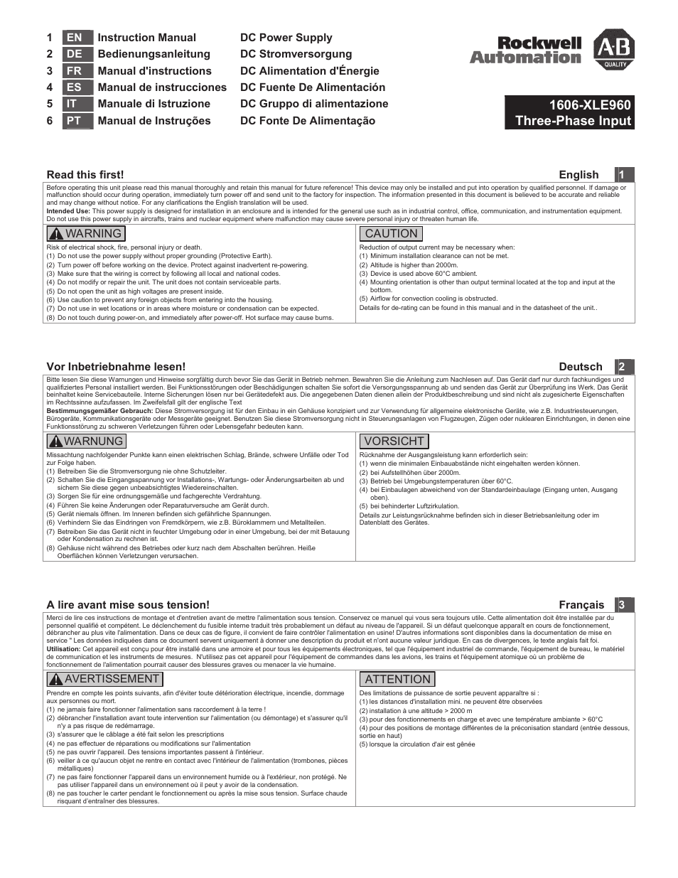 Rockwell Automation 1606-XLE960 DC Power Supply User Manual | 4 pages
