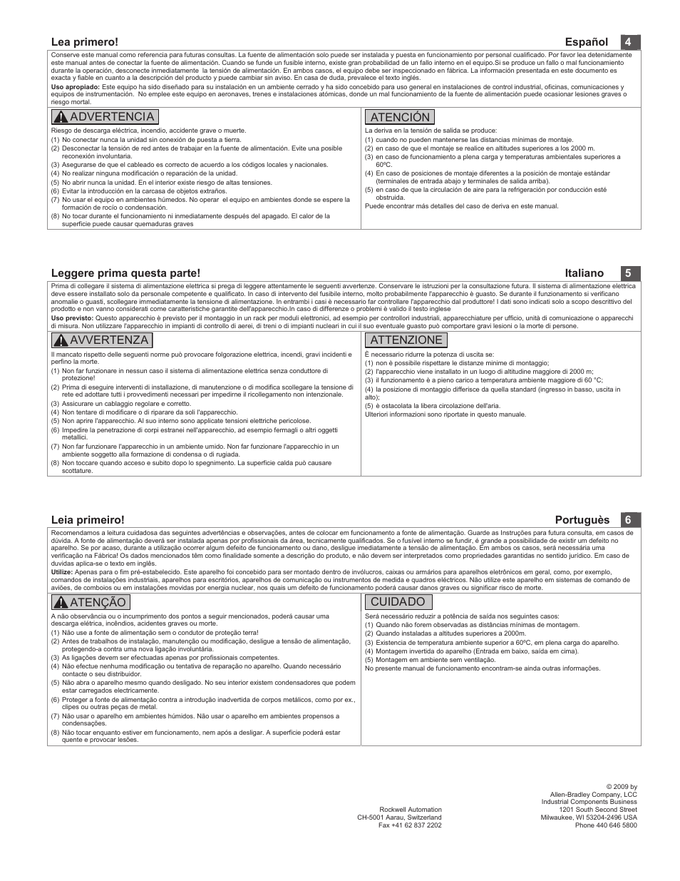 Advertencia atención, Avvertenza attenzione, Atenção cuidado | Lea primero! español 4, Leggere prima questa parte! italiano 5, Leia primeiro! portuguès 6 | Rockwell Automation 1606-XLE960 DC Power Supply User Manual | Page 2 / 4