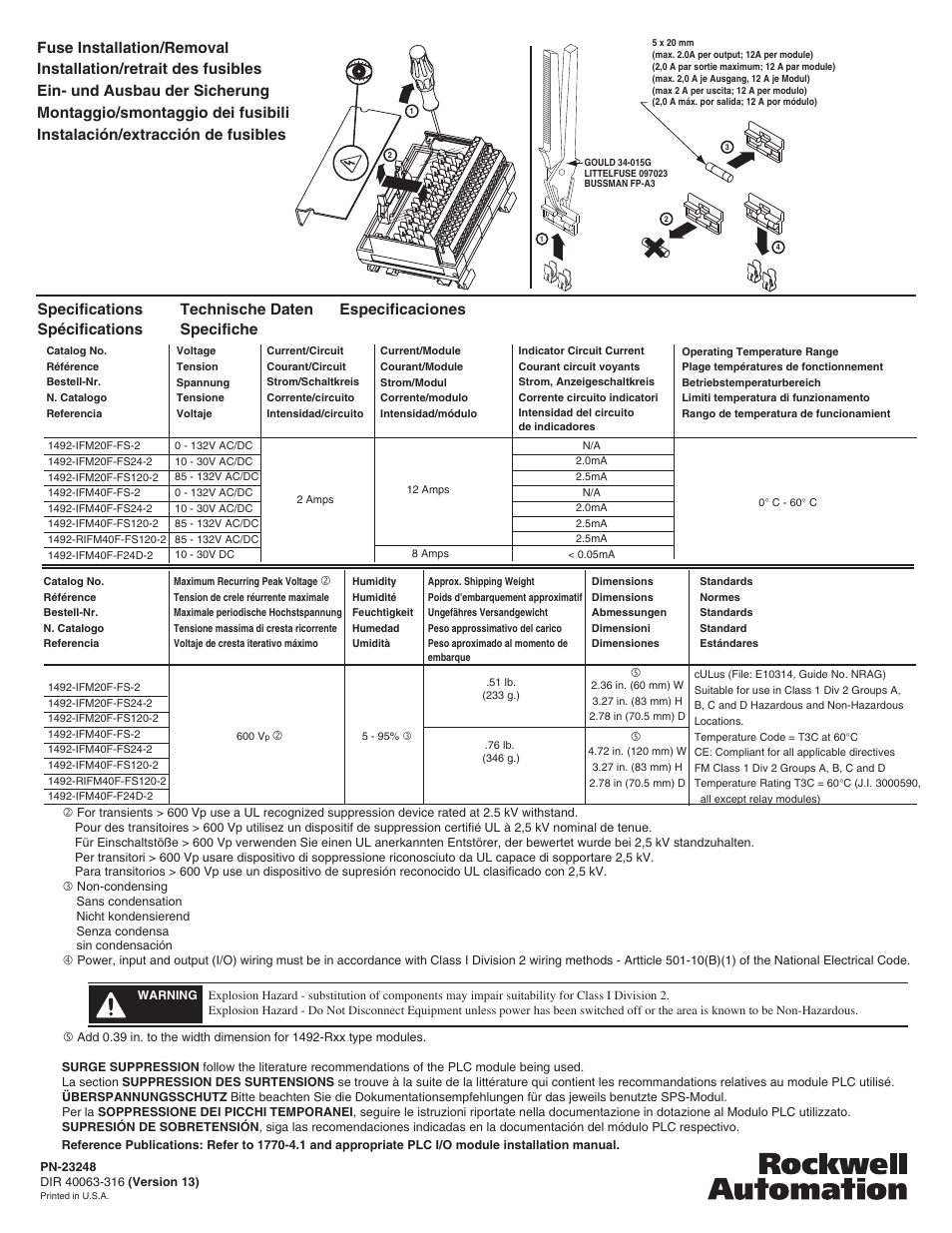Specifications spécifications, Technische daten specifiche especificaciones | Rockwell Automation 1492-IFMxxxx Relay Interface Modules User Manual | Page 4 / 4