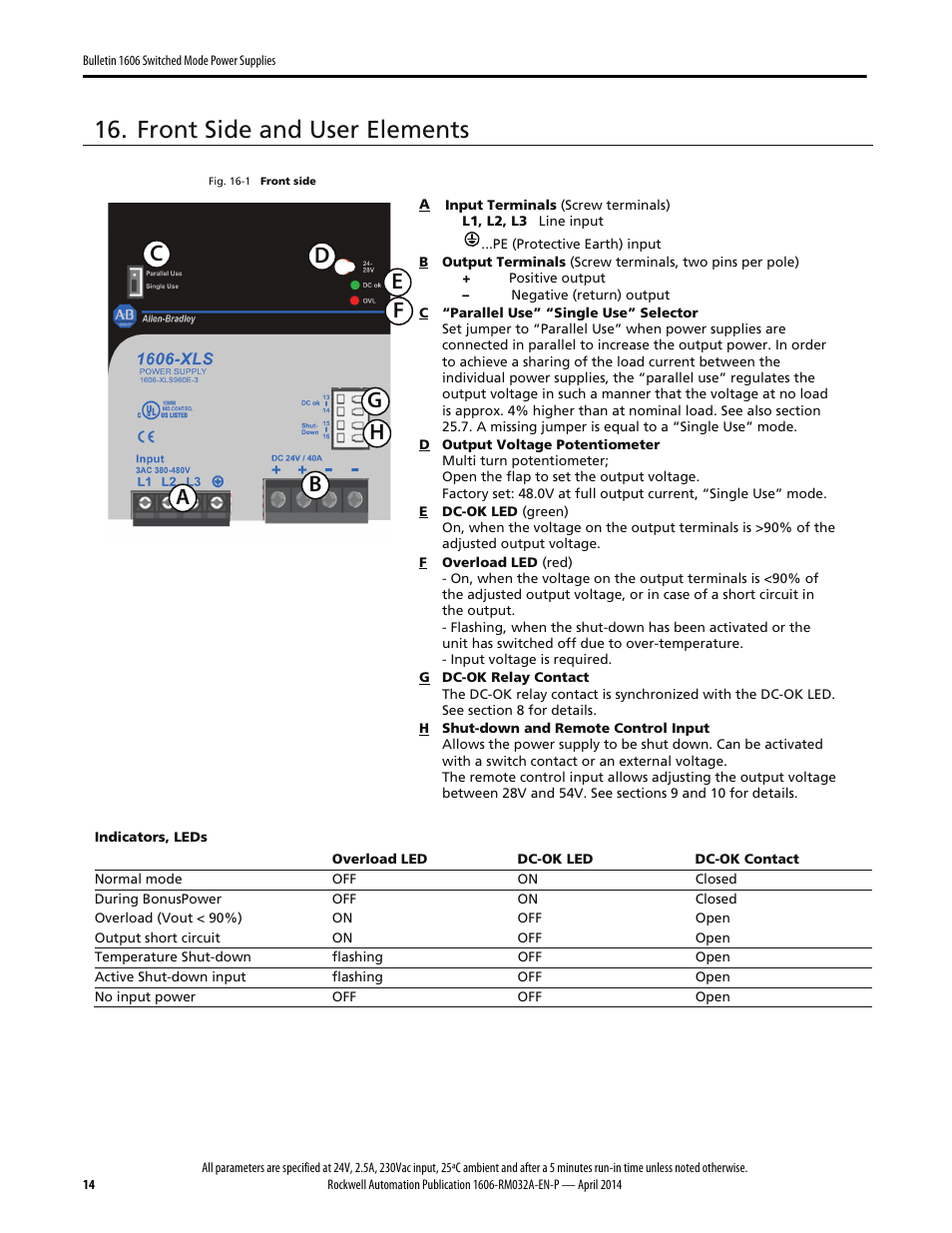 Front side and user elements | Rockwell Automation 1606-XLS960F-3 Power Supply Reference Manual User Manual | Page 14 / 28