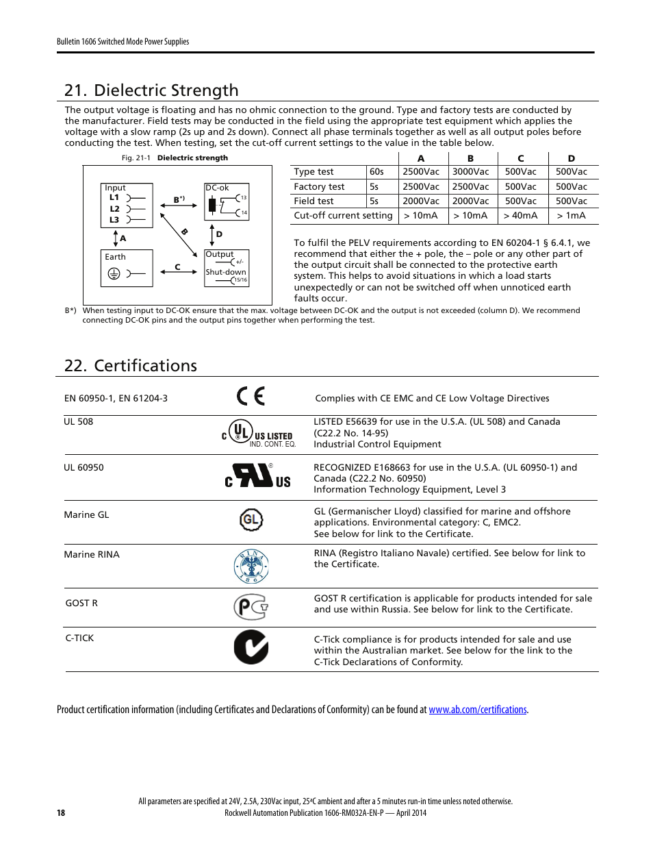 Dielectric strength, Certifications | Rockwell Automation 1606-XLS960F-3 Power Supply Reference Manual User Manual | Page 18 / 28