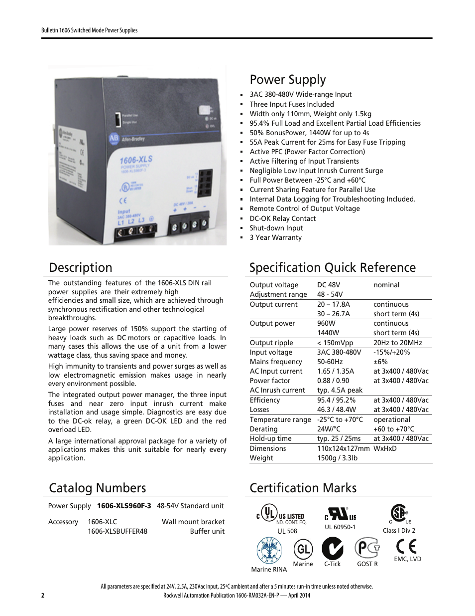 Description, Specification quick reference, Catalog numbers | Certification marks, Power supply | Rockwell Automation 1606-XLS960F-3 Power Supply Reference Manual User Manual | Page 2 / 28