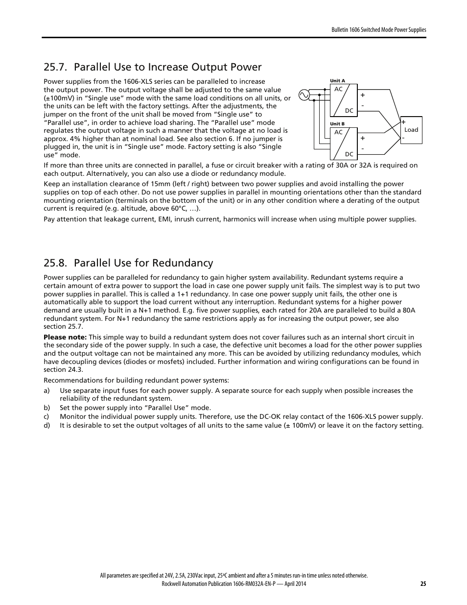 Parallel use to increase output power, Parallel use for redundancy | Rockwell Automation 1606-XLS960F-3 Power Supply Reference Manual User Manual | Page 25 / 28