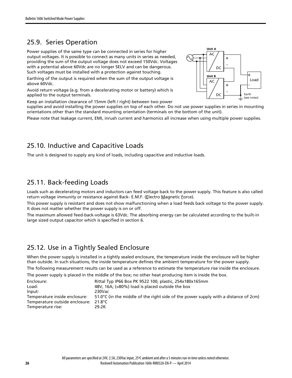 Series operation, Inductive and capacitive loads, Back-feeding loads | Use in a tightly sealed enclosure | Rockwell Automation 1606-XLS960F-3 Power Supply Reference Manual User Manual | Page 26 / 28