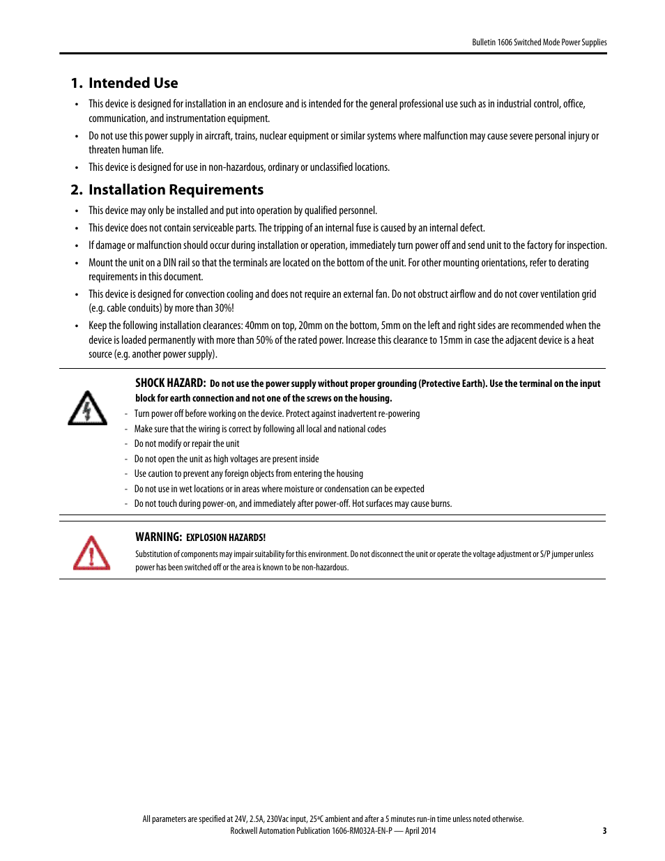 1606-rm032a-en-p, Intended use, Installation requirements | Rockwell Automation 1606-XLS960F-3 Power Supply Reference Manual User Manual | Page 3 / 28