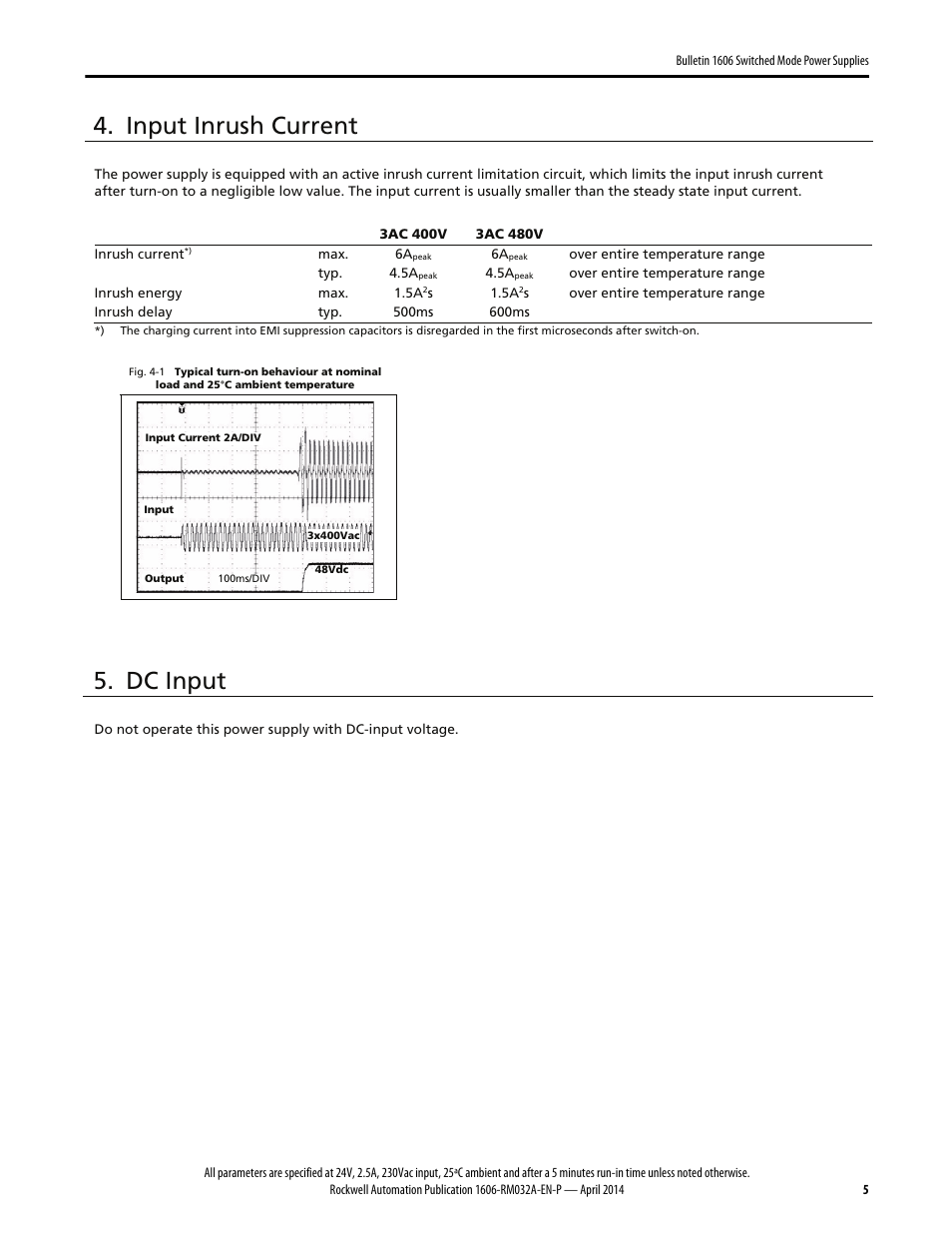 Input inrush current, Dc input | Rockwell Automation 1606-XLS960F-3 Power Supply Reference Manual User Manual | Page 5 / 28