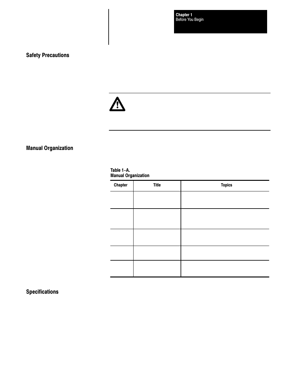 Safety precautions, Manual organization, Specifications | Rockwell Automation 1395 Multi-Comm Hardware/Software User Manual | Page 6 / 147
