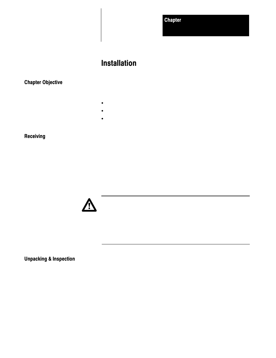 4 - installation, Chapter objective, Receiving | Unpacking & inspection, Installation | Rockwell Automation 1395 Multi-Comm Hardware/Software User Manual | Page 76 / 147